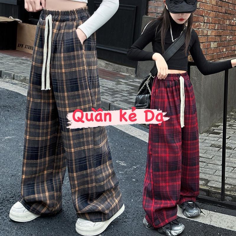 Quần Dạ Bông Kẻ Caro Dây Chữ X To Unisex Ống Rộng cho Bé Gái từ 14-45 kg nỉ