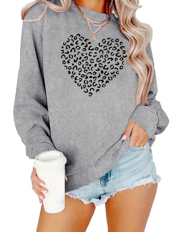 Women's Heart & Leopard Print Drop Shoulder Crewneck Sweatshirt, Comfort Casual Longsleeves Round Neck Pullover for Lady Fall & Winter, Gifts for Girlfriends, Womenswear Valentine's Day, gift 4