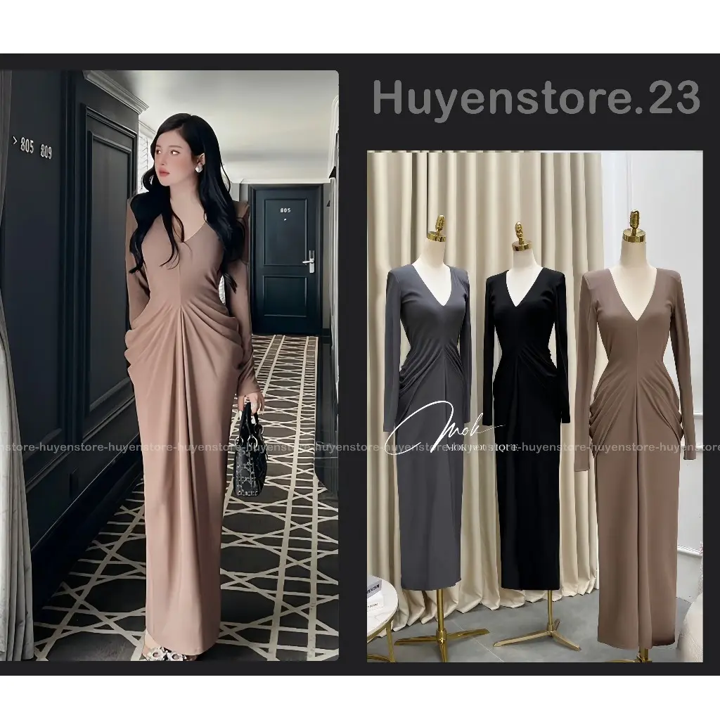 Váy Body Dáng Dài Cổ V, Đầm Body Dáng Dài Thiết Kế Nhún Eo Tiểu Thư Sang Chảnh huyenstore Nữ Women Dress Voan Nhung Voi