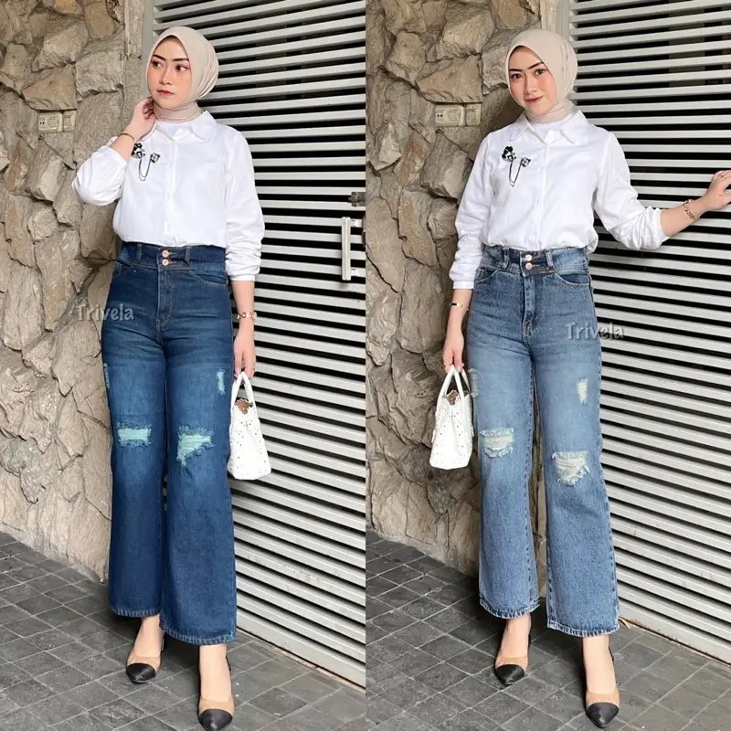 TRIVELA - Erica Cullotes Sobek Lapis | Kulot Jeans Ripped Hijab Friendly | Jeans Wisker Wanita Highwaist Washed 27-34 / PLAINBF
