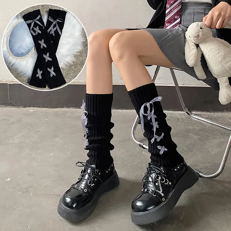 Woman Leg Warmers Autumn And Winter Ribbon Lolita Black Knee Warmers Long Socks JK Knitted Leg Warmers