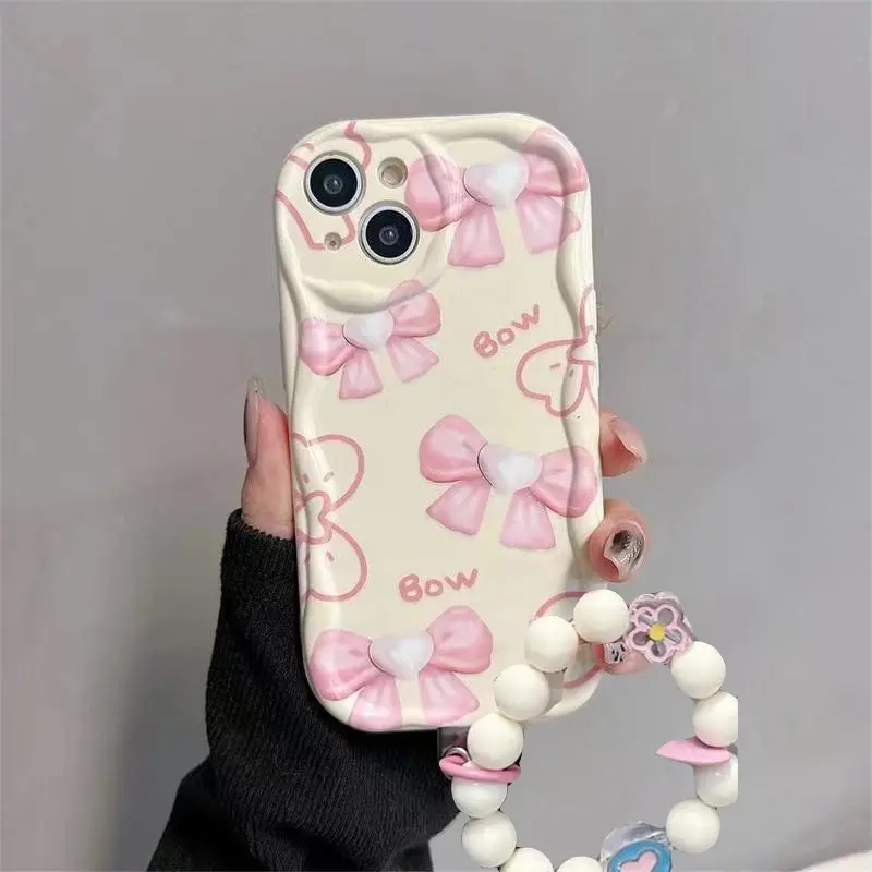 Ốp Iphone mềm hình nơ hồng dễ thương kèm dây đeo viền nổi cạnh sóng iphone 16 16pro 16promax XS 11 12 13 14 15plus xx418 3