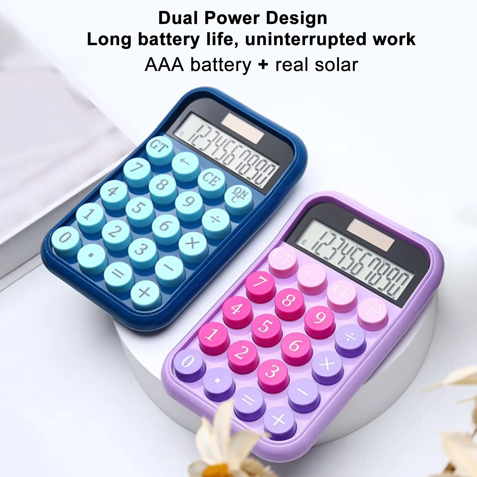 Baviat-Desktop Calculator Solar Powered Battery Operated 10 Digits Round Buttons Large LCD Display Portable Student Finance Calculator Office Supplies