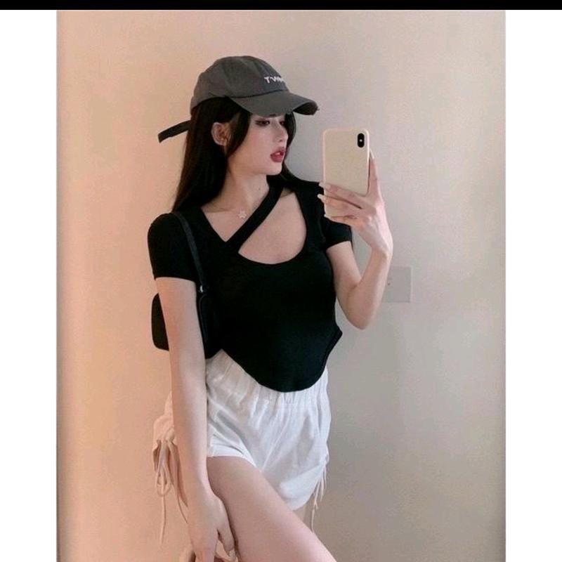 Áo croptop cổ tròn chéo dây tay ngắn Nữ Thun Women A108 5