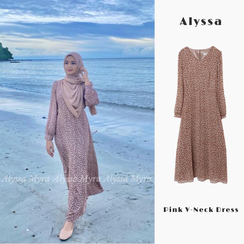 [Malay Stock] Alyssa Fashion Pink Maxi Dress Elegant Long Sleeve Floral Print Hijab outfit Kain Lembut Selesa Polyester lubna outfit