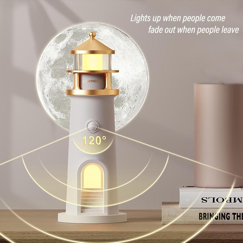 Moonlight Lighthouse Projection Light with Motion-Sensor Night Light, USB Rechargeable Lighting, Bedroom Bedside Lamp, LED Moonlight Projection Ambient Light 2