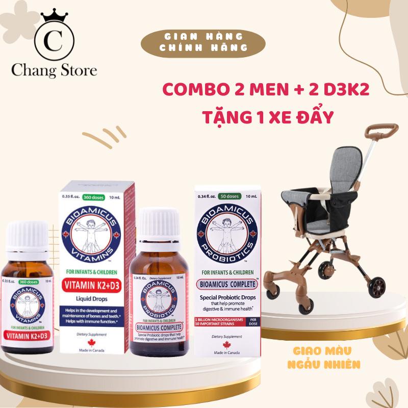[TẶNG XE ĐẨY GẤP GỌN ĐẢO CHIỀU] Combo 4 vitamin lọ gồm 2 lọ D3 k2 bioamicus và 2 lọ men 10 chủng bioamicus hỗ trợ phát triển chiều cao và tiêu hoá cho bé