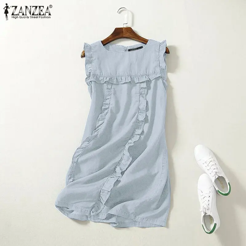 Váy Denim ZANZEA, Phong Cách Hàn Quốc, Dành Cho Nữ, Thường Ngày, Không Tay, Cổ Vuông, Xếp Nhún, Kiểu Váy Xòe Mini, Ghép Nối, Thích Hợp Cho Mùa Hè 2