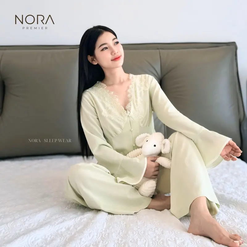 Bộ mặc nhà phối ren cổ tay loe xanh  MS2583 1