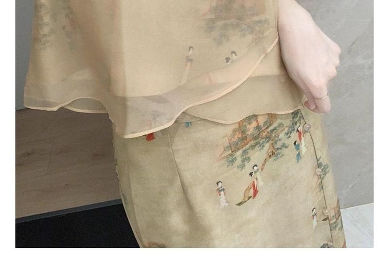 Product Introduction of Váy Sườn Xám Cải Tiến Cho Nữ, Bộ Hai Mảnh, Phong Cách Trung Quốc, Chắp Vá Mới, Áo Sơ Mi Gauzy, Váy, Mùa Hè 5
