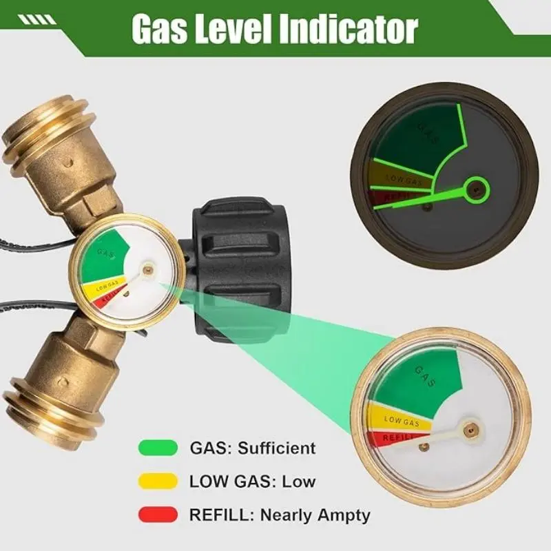 Propane Tank Splitter with Gauge & Shut Off Valve, 2 Way Propane Splitter Adapter, Propane Hose Splitter Manifold for Camping Stoves, Heater, BBQ Grill, Gas Burner 2