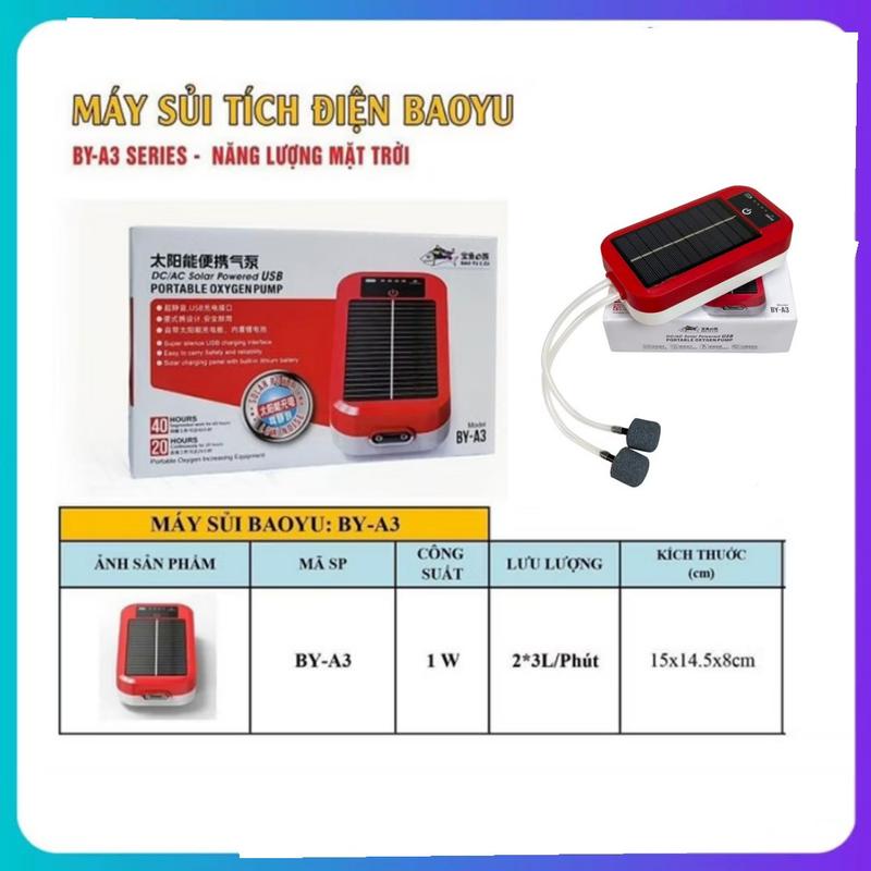Máy sủi oxy tích điện - Năng lượng mặt trời BAOYU BY-A3 | Siêu tiện lợi, êm ái | Tặng 2 mét dây sủi
