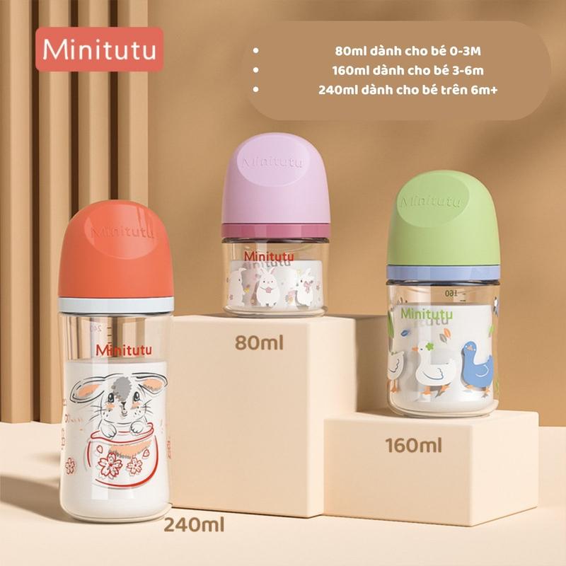 Bình Sữa Thuỷ Tinh Minitutu Núm Mềm Như Ti Mẹ Cổ Rộng 