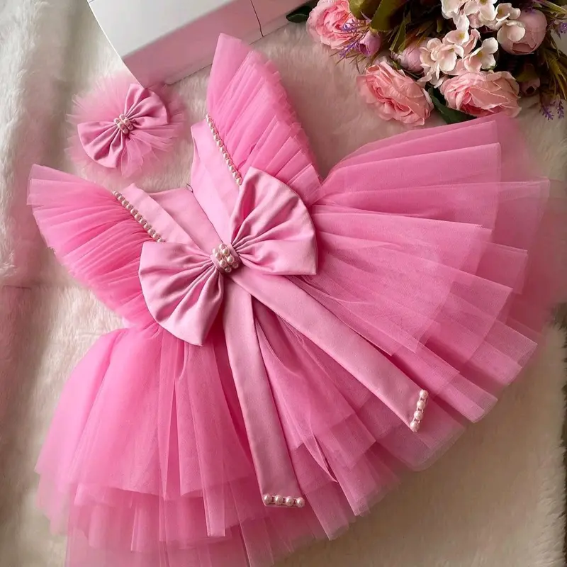 DRESS ANAK PITA PINK GAUN PESTA ULANG TAHUN BAYI PETRMPUAN KIDS WARNA PINK BARBIE PRINCESS GOWN 1