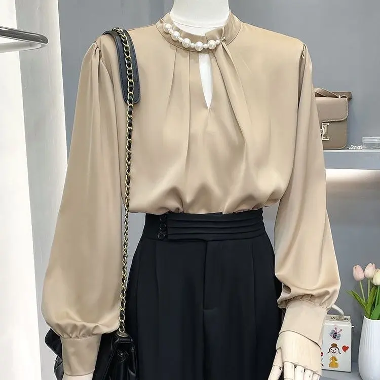 Áo Sơ Mi OOTD, Dành Cho Nữ, Bộ Sưu Tập Mùa Thu 2024, Phong Cách Pháp, Cao Cấp, Chuyên Nghiệp, Thích Hợp Đi Làm Và Đi Tắm Ngôn, Thiết Kế Satin Duyên Dáng Áo Lót Dài Tay