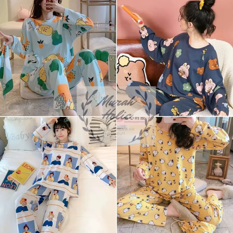 Baju Tidur Set Lengan Panjang Celana Panjang Piyama Wanita Setelan Motif Karakter Fashion Remaja Korea Bahan Adem Import