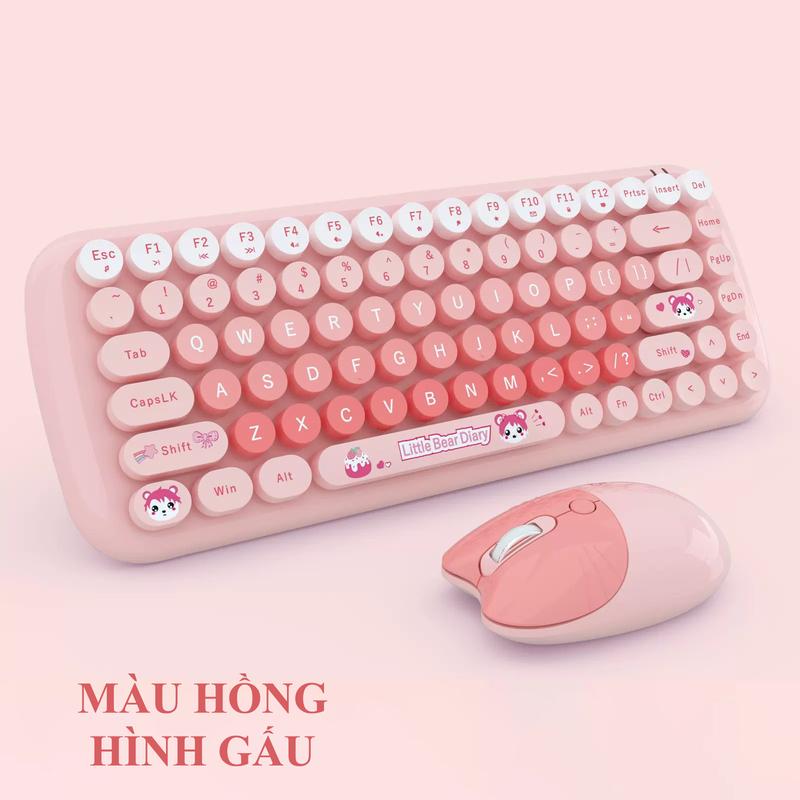 Combo bàn phím mini 84 phím thiết kế nút tròn và chuột không dây CANDY GẤU kết nối bằng chip USB tiện lợi