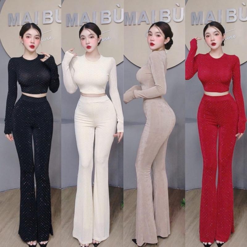 S15 - Áo Cổ Tròn Tay Dài Quần Loe Nhũ Bling Mai Bùi Store