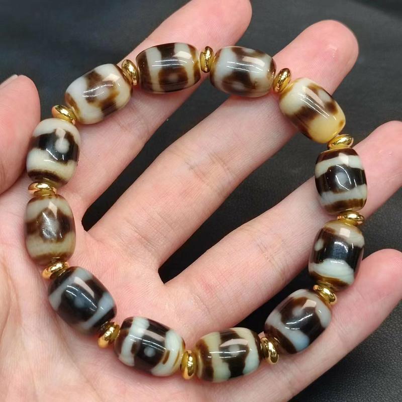 Product Introduction of Natural Gemstone Tiger Tooth Pattern Panda Mandala Three-Eyed Agate Dzi Bead Multi-Treasure Bracelet Tooth Yellow White Core Barrel Bead Unisex Ethnic Style 0