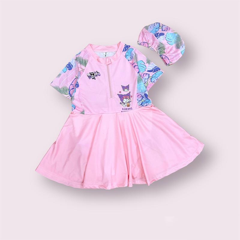 Bộ Váy Bơi Cho Bé Gái Họa Tiết Kuromi Hoa Lá Kèm Mũ size 12-50kg Kem