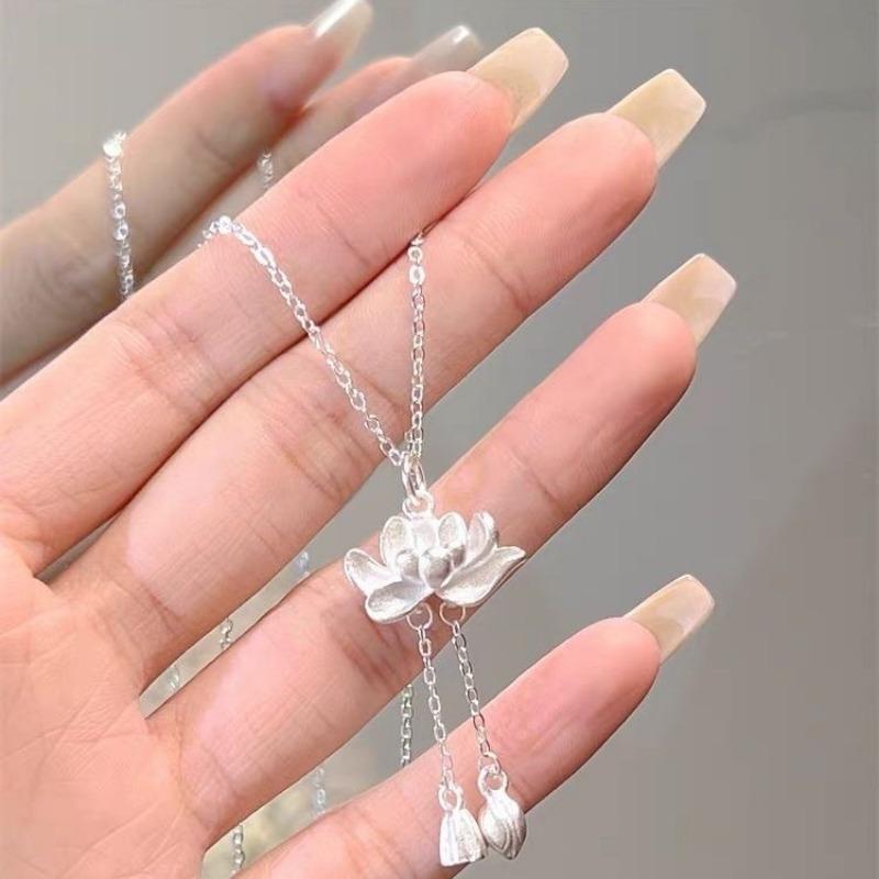 Vòng Cổ Mặt Dây Chuyền Tua Rua Hoa Sen, Thời Trang Cổ Điển Đồ Trang Trí Độc Đáo May Mắn, Trang Sức Hợp Kim, Mặt Dây Chuyền Nữ, Thích Hợp Làm Quà Tặng Bạn Bè, 1 Chiếc 4