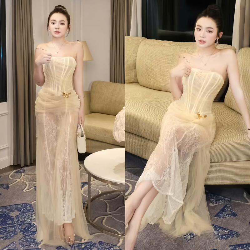 { Lớp Lót Dài Không Hở } Đầm Nữ Đi Tiệc Thiết Kế EMME V2031 Cúp Ngực Phối Ren Hoa Dáng Dài Xếp Ly Cách Điệu Top New Kèm Tag Bướm - Thanh Tự