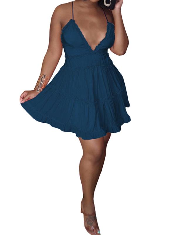Women's Plain Criss Cross Frill Cami Dress, Adjustable Strap Deep V Neck Short Dress for Summer, Fashion Women's Dress for Beach Holiday, Womenswear 4