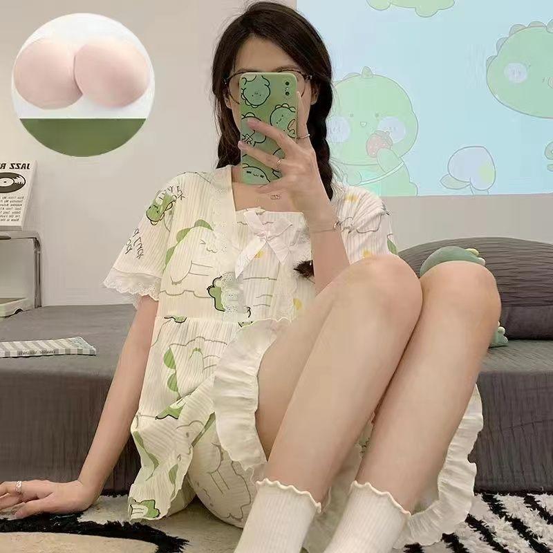 Bộ Đồ Ngủ Pijama Cotton Sữa, Phong Cách Mới, Có Đệm Ngực, Dành Cho Nữ, Dây Đeo Hoạt Hình Dễ Thương, Bộ Đồ Mặc Ở Nhà Mùa Hè 0