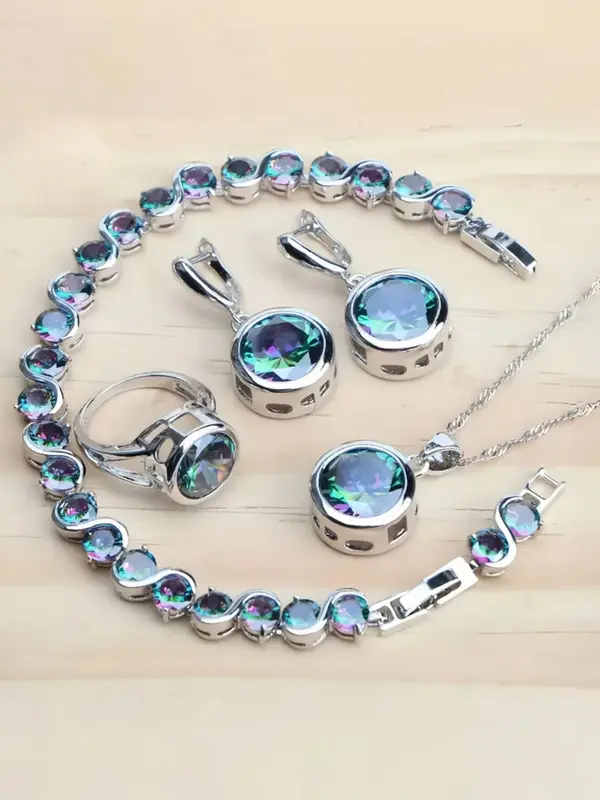 Women's Elegant Colorblock Jewelry Set, Fashion Necklace & Ring & Earrings & Bracelet, Trendy All-match & Exquisite Jewelry Set for Birthday Gift 0