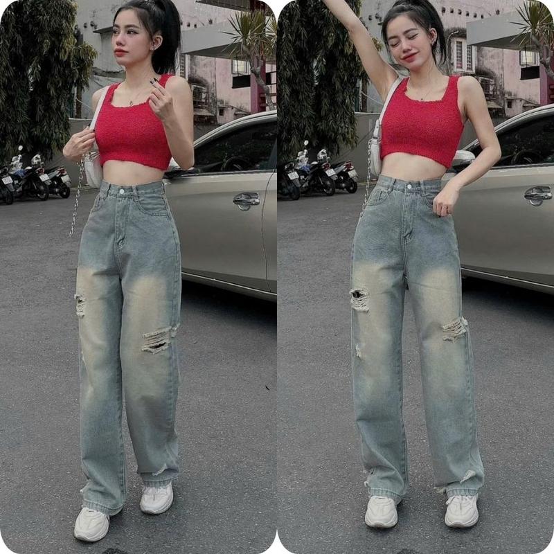 ( S-XL) Quần Jean Suông - Quần Jean Ống Rộng Rách Trước Sau Phủ Màu Dơ Nhẹ Dài 103cm Basic Lưng Cao Ôm Eo QC HYDI Jeans FullSize S M L. Nữ Women Ong Pants quần bigsize Denim