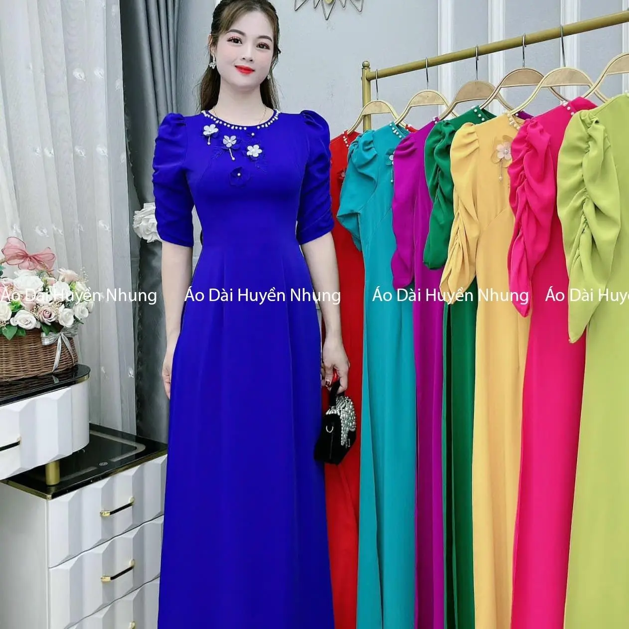 Áo dài truyền thống lụa mỹ thêu hoa vai bồng đủ các màu - LM03 Nữ Women Dress Nhung