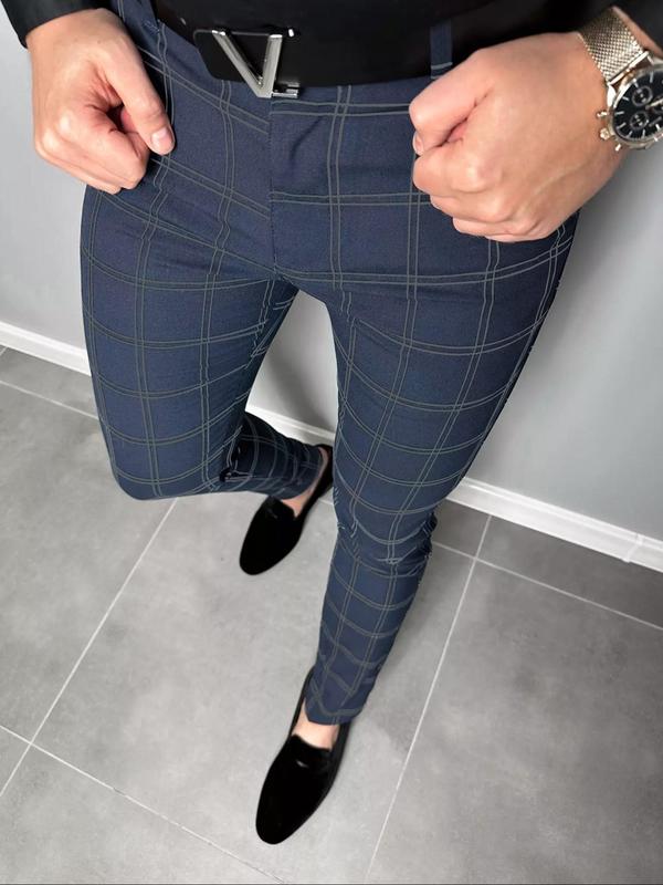 Men's Plaid Print Button Fly Slim Pants, Business Casual Pocket Design Trousers For All Seasons, Men's Bottoms For Work Office Daily Wear 4