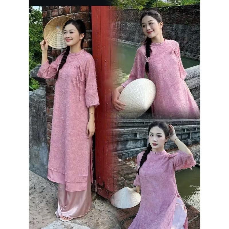 Áo dài cách tân hoa nổi Y20 (kèm quần lụa dài 105cm) áo dài lông vũ, áo dài Tết, áo dài cổ tàu phối quần lụa cổ đính nơ - Akara Closet  Nữ Women Dress - Tết Đỏ Kem | BigBuy360 - bigbuy360.vn