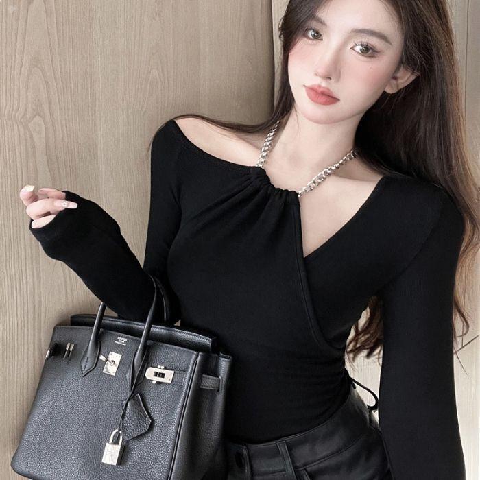 Áo Phông Trễ Vai Cổ Yếm Dành Cho Phụ Nữ, Phong Cách Mùa Xuân Và Mùa Thu, Dây Chuyền Xương Đòn Gợi Cảm, Bất Đối Xứng Và Thanh Lịch, Dáng Ôm, Tay Áo Dài, Hợp Xu hướng, Phong Cách Hàn Quốc, Áo Thời Trang