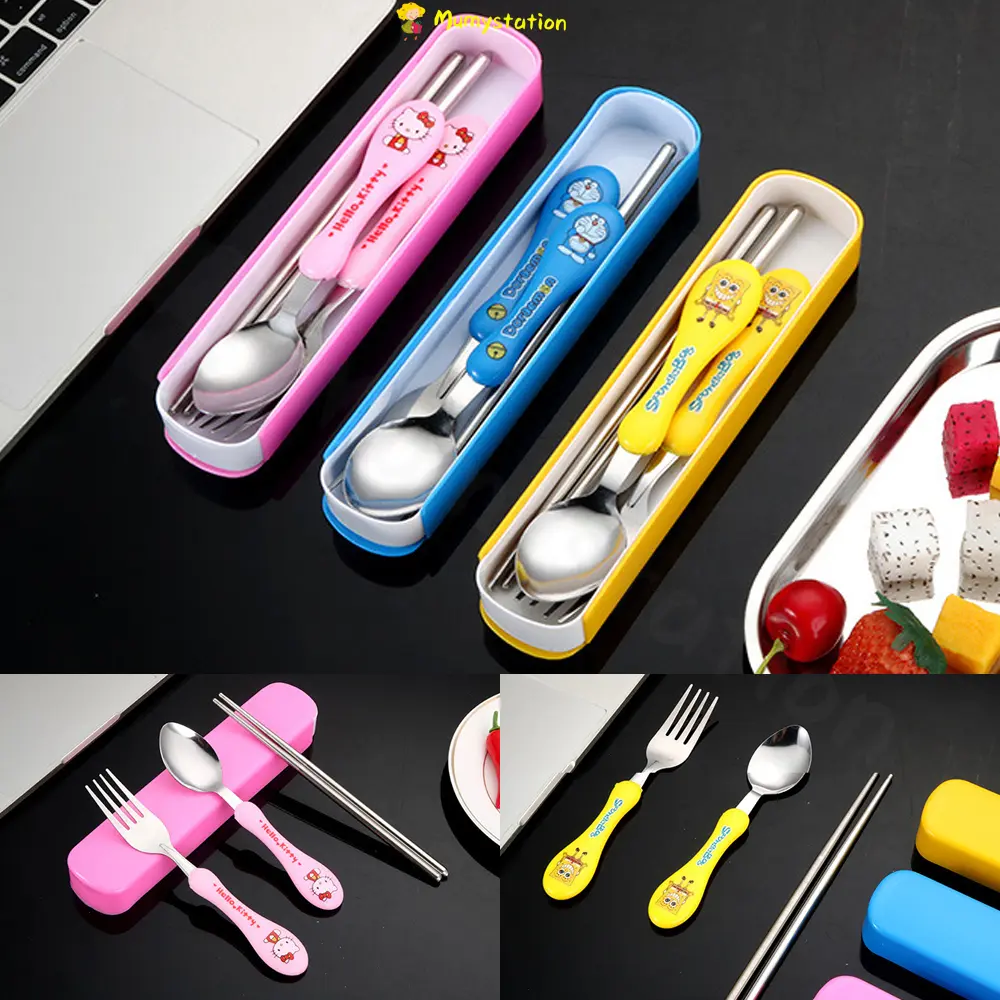 Mumystation Sendok Set Anak Stainless Steel Motif Doraemon SpongeBob Winnie Si Beruang KT Kucing Plastik Baja Tahan Karat Anti Selip Ukuran 20x4x2.5cm Isi 1 Pasang Sumpit 1 Sendok 1 Garpu