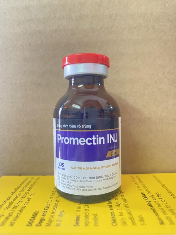 Promectin INJ Lọ 20ml.Trị nội ngoại ký sinh trùng . Đặc trị Ve Ghẻ Bọ chét Bọ Mạt Tẩy giun .Dùng cho thú cưng Gia súc Gia cầm