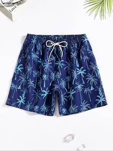 Men's Regular Fit All Over Palm Tree Print Drawstring Waist Sports Shorts, Casual Comfy Breathable Beach Shorts, Men's Summer Bottoms for Vacation Holiday