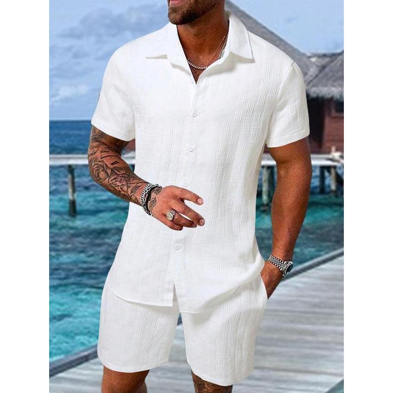 Men's Regular Fit Short Sleeve Pajama Two-piece Set, Casual Comfy Button Up Top & Shorts Pj Set, Men's Summer Sleepwear, Sleeping Clothes 0
