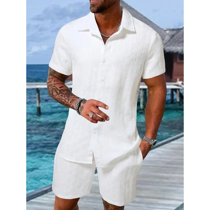 Men's Regular Fit Short Sleeve Pajama Two-piece Set, Casual Comfy Button Up Top & Shorts Pj Set, Men's Summer Sleepwear, Sleeping Clothes 0