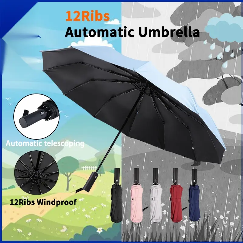 【SG Ready Stock】12 Ribs Automatic Umbrella Super Windproof Large Umbrella Auto Open Close Excellent Water Repellency Waterproof Comfortable Personal