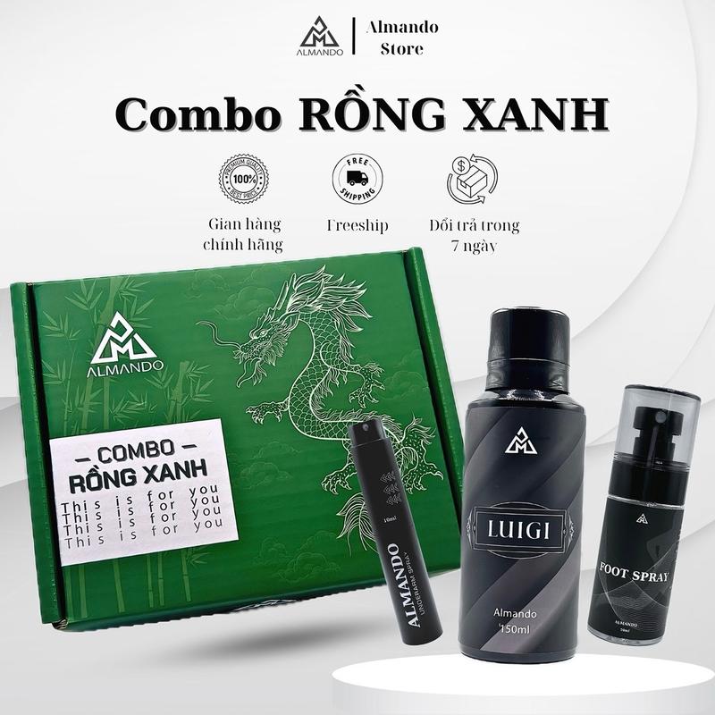 Combo “ Rồng Xanh “  - Xịt khử mùi hôi chân 50ml & Body mist nam 150ml & Xịt khử mùi hôi nách 10ml Almando | Tặng một lọ nước hoa mini cao cấp - Làm đẹp da & Dưỡng thể Dưỡng Body