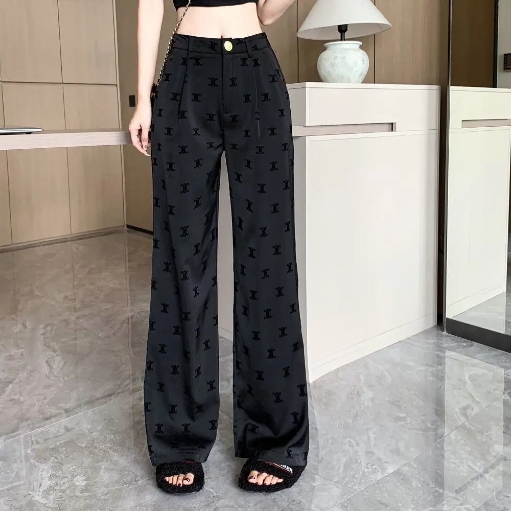 Quần Ống Rộng Acetate Lụa Băng Cho Nữ, Bộ Đồ Thường Ngày Màu Đen, Cạp Cao, Mỏng, Vừa Vặn, Mùa Hè