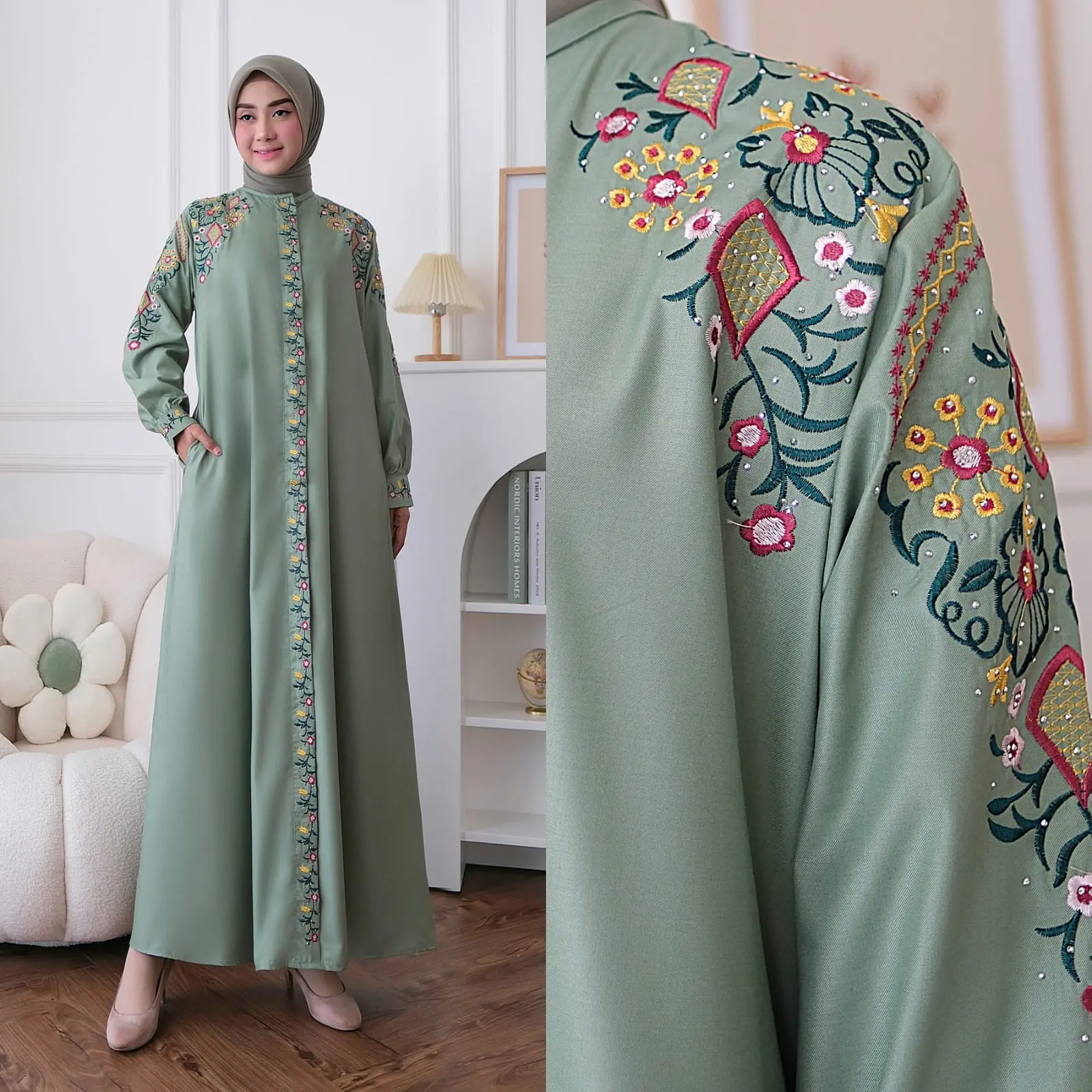 gamis kamelia katun toyobo bordir bunga muslim wanita cod Baju Kancing Dewasa Dress Panjang