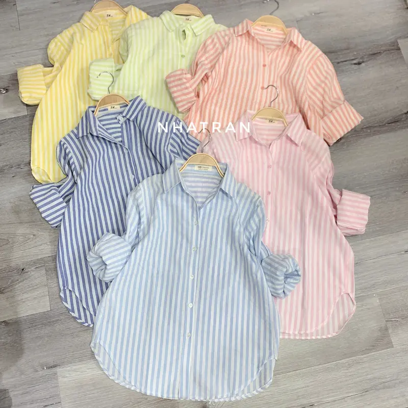 nhatran - Áo sơ mi nữ cổ bẻ tay dài sọc kẻ phom vừa Top Women Pastel SOC 4