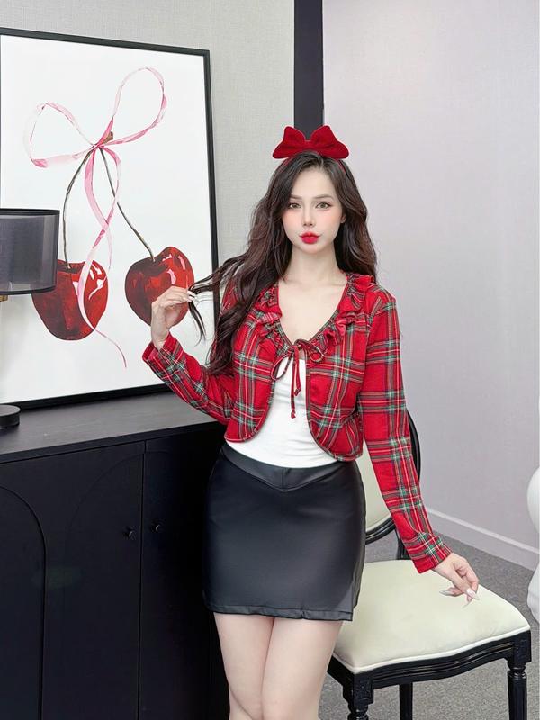 Áo khoác  Cadigan nữ ANH MỸ thun ren sọc mỏng dáng ngắn dài tay croptop viền bèo thắt nơ SP0305  Women