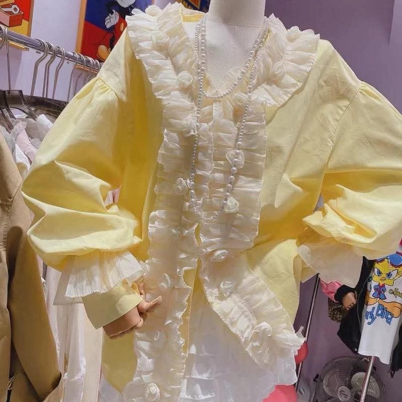 Áo Sơ mi tay dài vàng phối bèo hoa tay bồng A.B.C.D Quảng Châu chính hãng Nữ Women