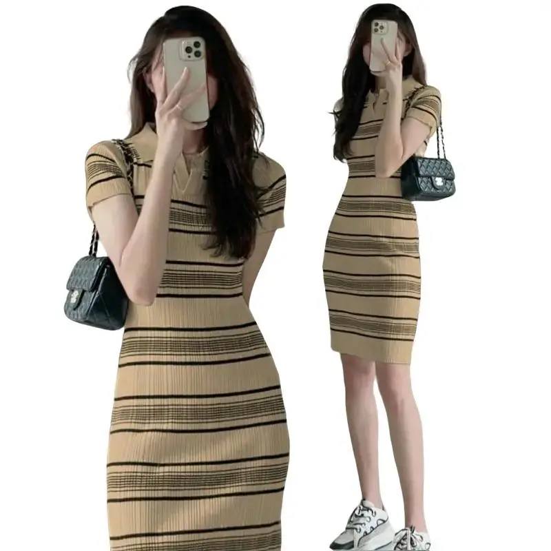 LISAII Dress Rajut Wanita Korean Style Gaun Casual Motif Salur 0