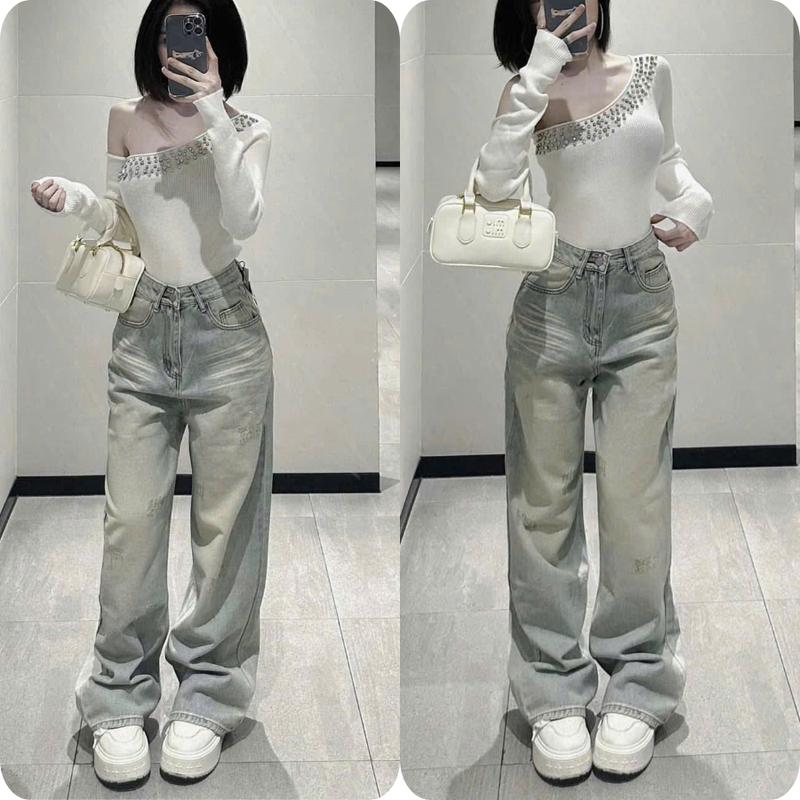 (S-XL) Quần Jean Suông - Quần Jean Ống Rộng Wash Xanh Phủ Màu Dơ Cá Tính Năng Động Dài 105cm Lưng Cao Ôm Eo QC HYDI Jeans FullSize S M L Nữ Women Ong Pants