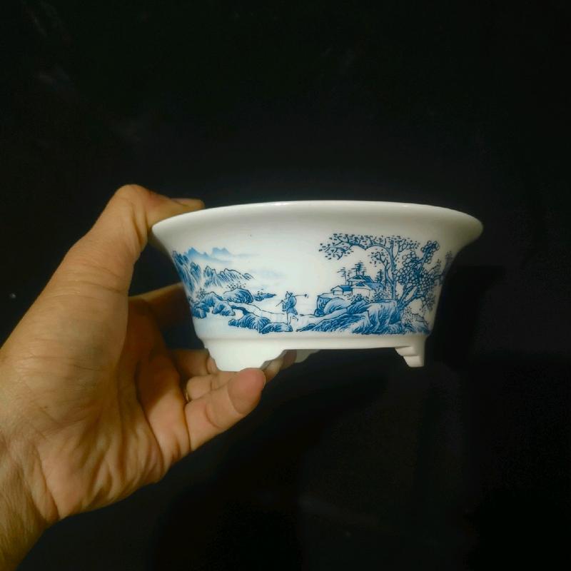 Chậu tròn miệng loe; hoạ tiết rồng và phong cảnh 4