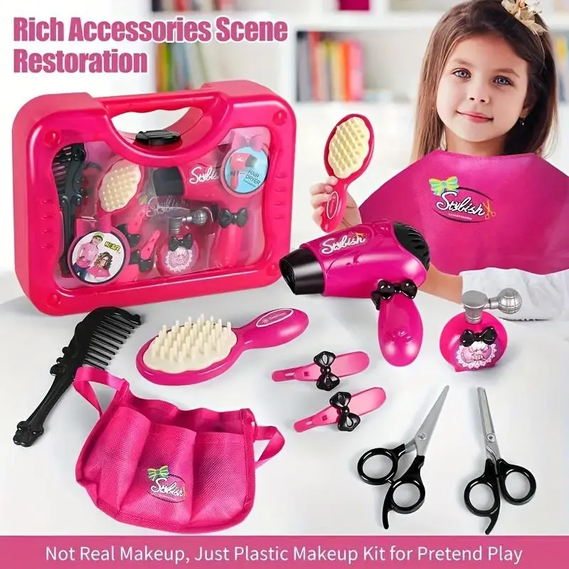 Girl's Beauty Salon Pretend Play Toy Set, 11pcs/set Hairdresser Toy with Hair Dryer, Apron and Other Hair Styling Accessories, Pretend Play Toys for Kids 2